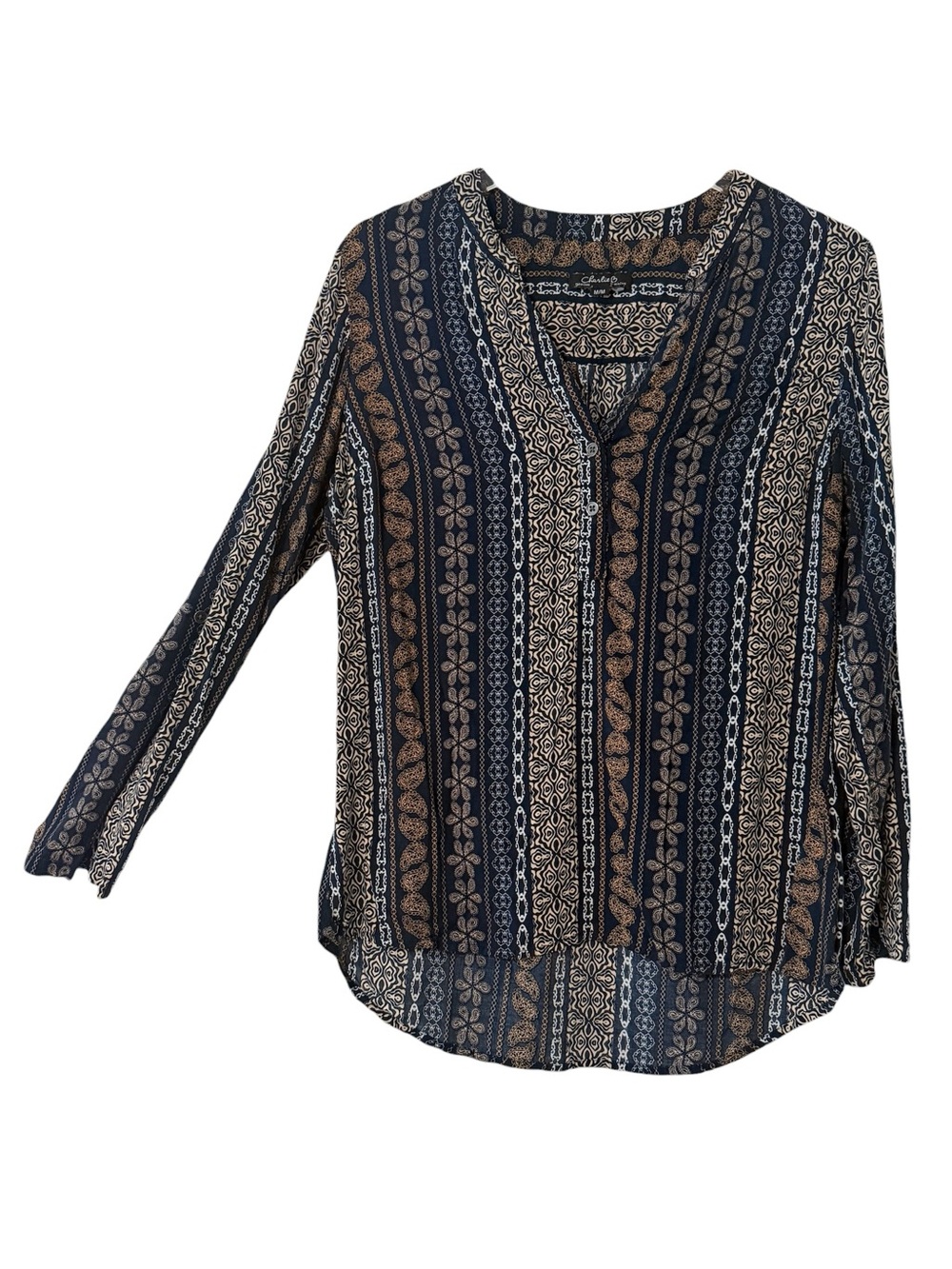 Navy and Tan Boho V-Neck Roll Tab Sleeve Blouse Size Medium